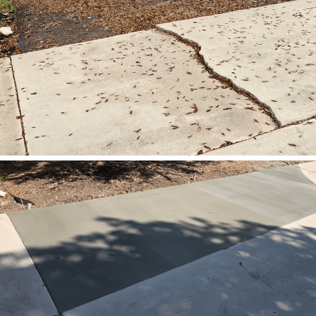 Driveway concrete replacement — before showing cracked slabs around manhole, after showing freshly poured driveway